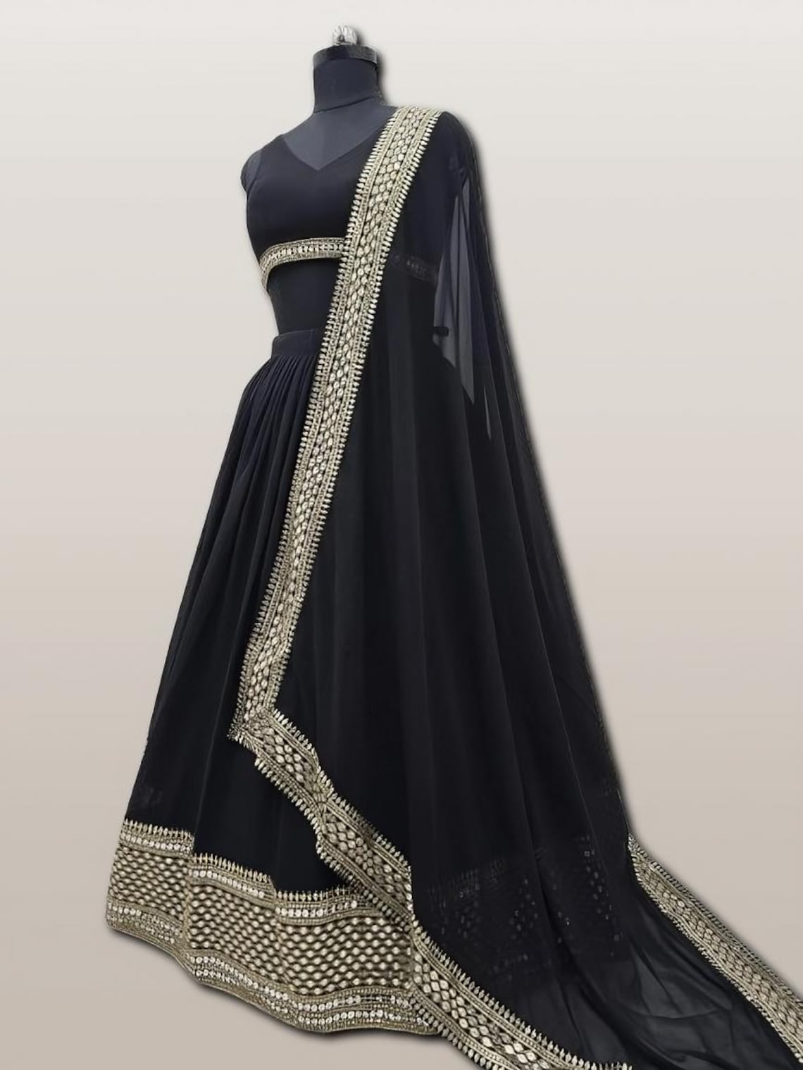 Glamorous Black Lehenga Choli with Floral Sequin Embroidery & Dupatta - Buy