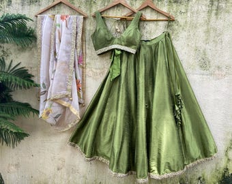 Olive Green Silk Lehenga Choli: Floral Dupatta, Indian Wedding Outfit