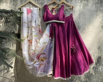 Rani Pink Silk Lehenga Choli: Printed Floral Dupatta, Indian Wedding Guest Outfit, Made to Measure