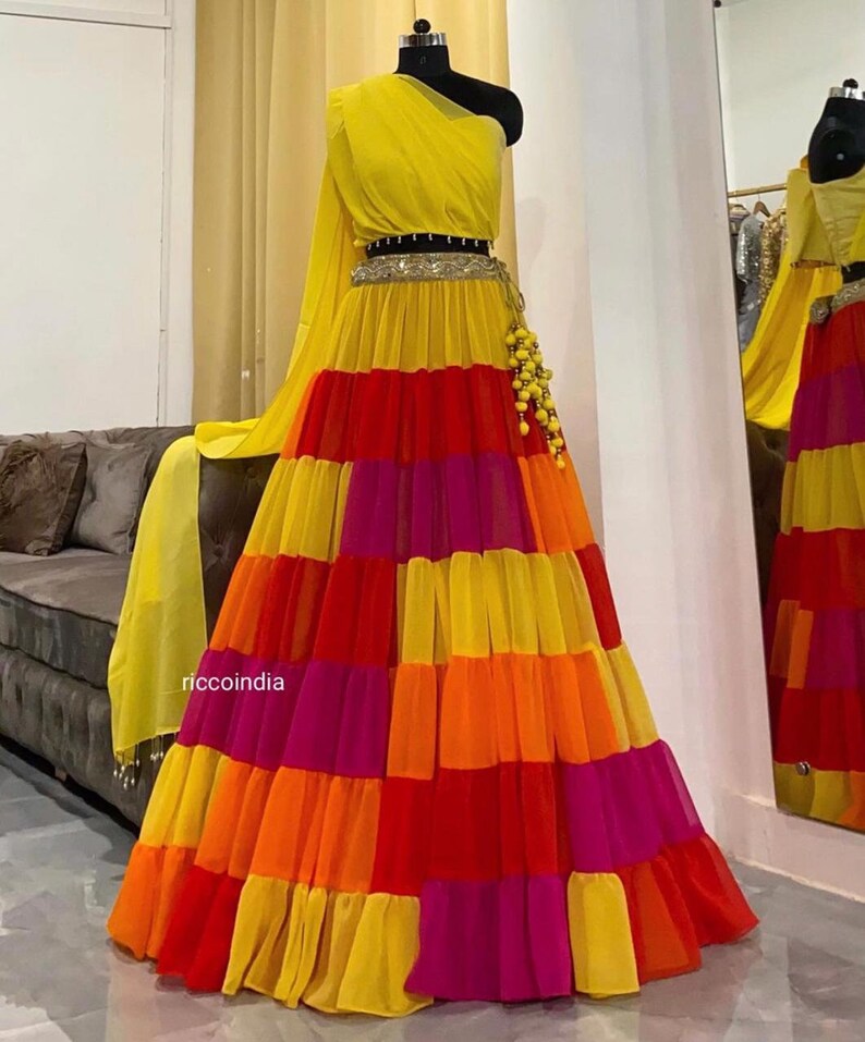 Get this beautiful multicolour lehnga set make your function more colourful bridesmaids lehenga wedding lehenga 2021 designer lehenga