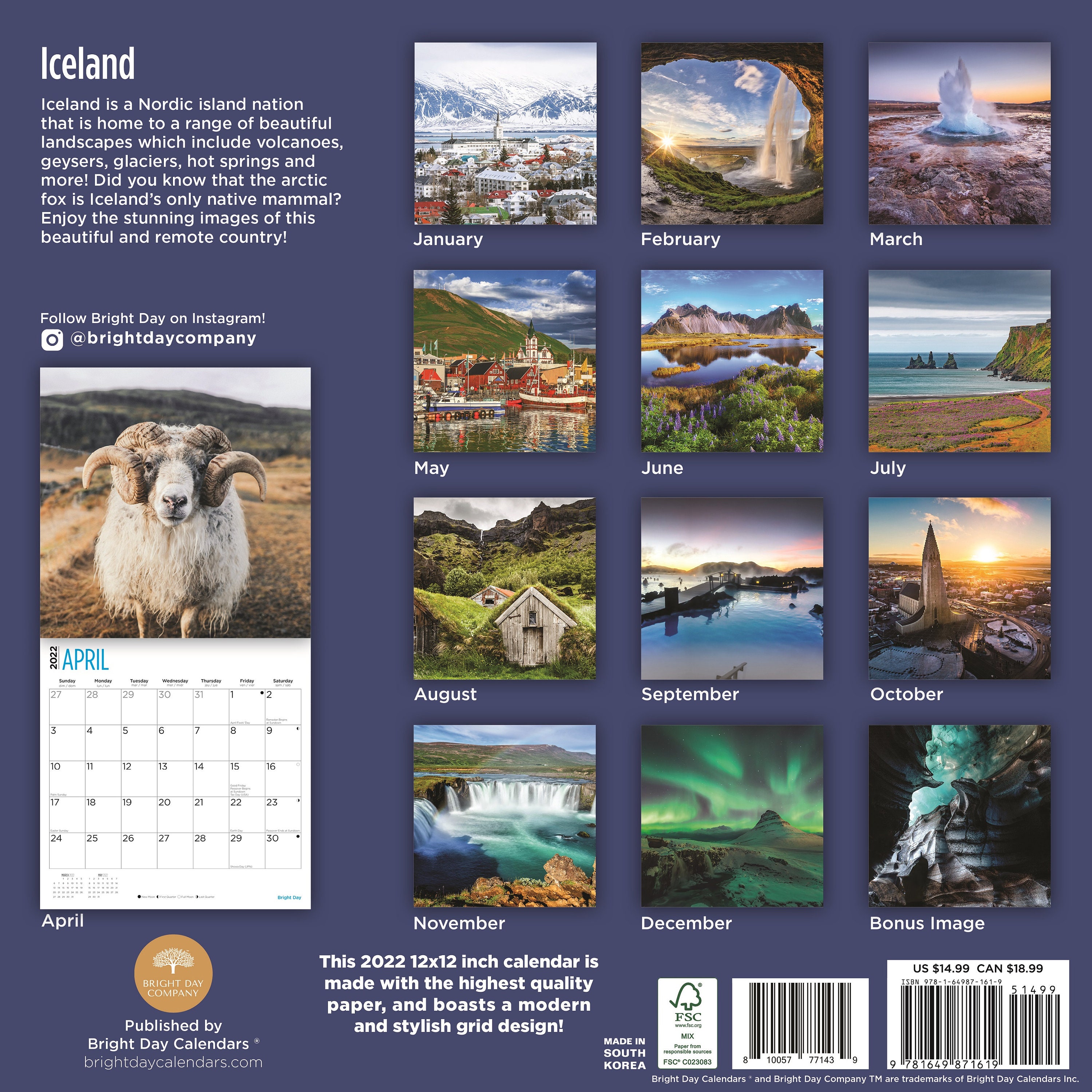 2022 Iceland Wall Calendar by Bright Day 12 x 12 Inch Etsy