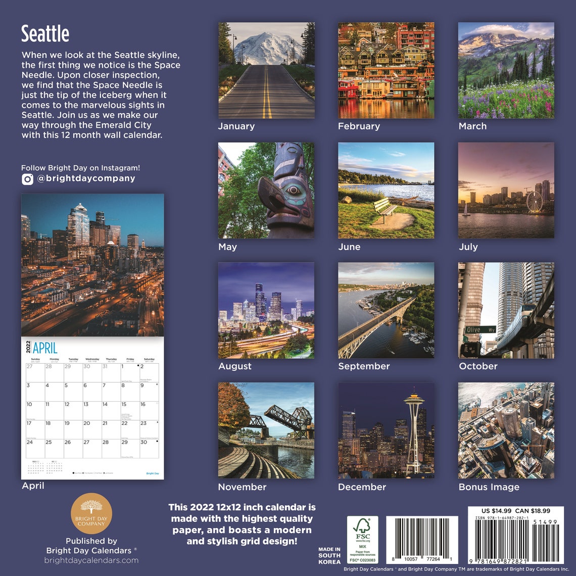 2022 Seattle Wall Calendar by Bright Day 12 X 12 Inch Etsy