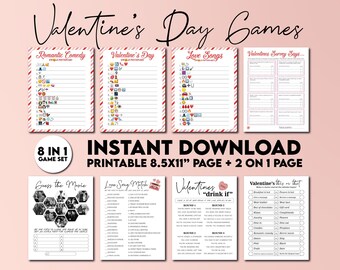 Printable Valentines Day Games Bundle, Instant Download, Valentines Day Party Games, Emoji Pictionary, Survey Says, Music, Movie, Drink if