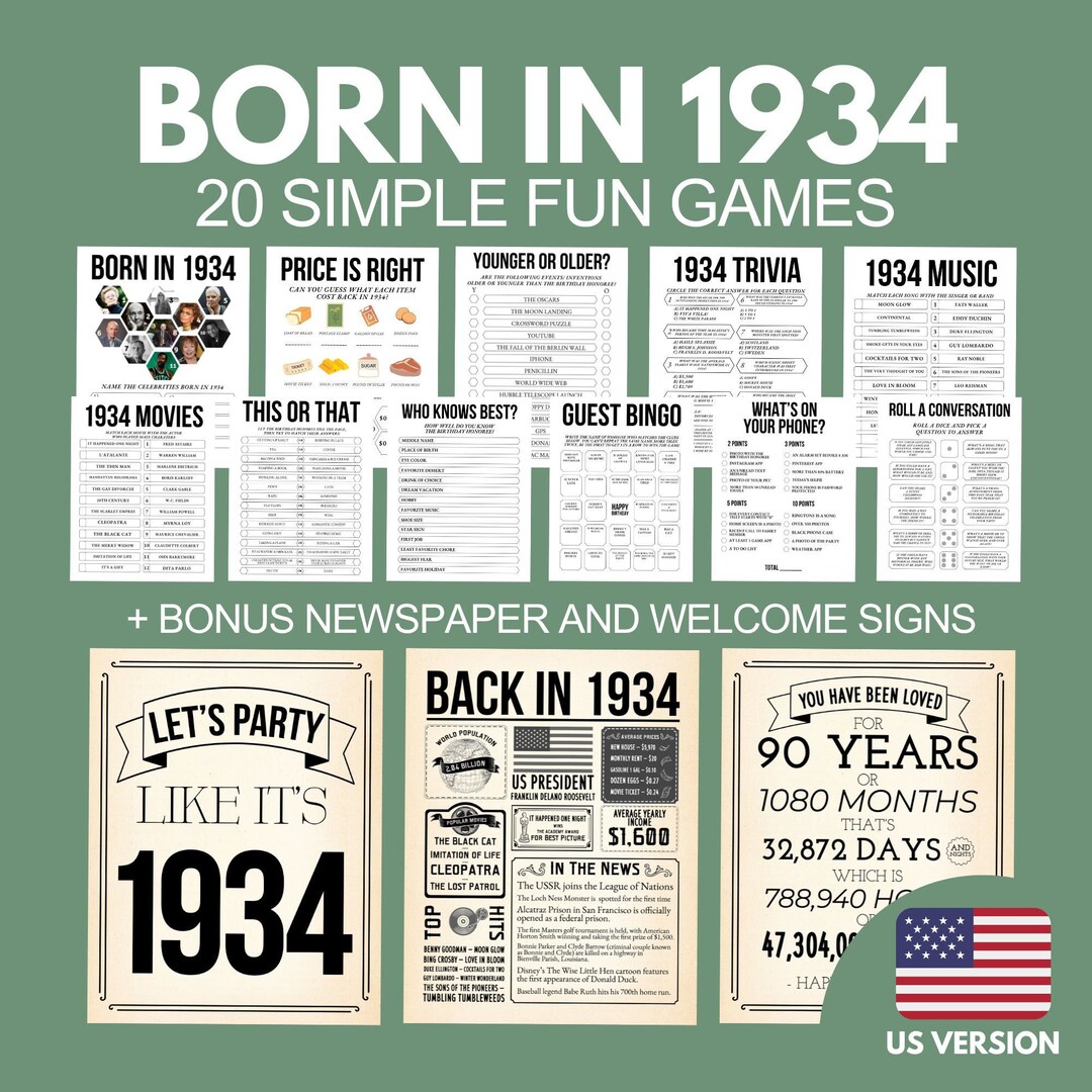 90th Birthday Games Bundle, Born in 1934 Party Games Men Women ...