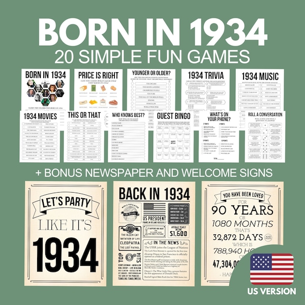 90th Birthday Games Bundle, Born in 1934 Party Games Men Women, Printable 90th Birthday Decoration, 1934 Newspaper Poster, 1934 Trivia Game