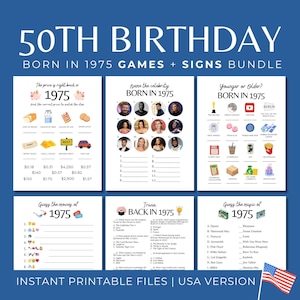 50th Birthday Games Bundle, Born in 1975 Welcome Signs, Fun Birthday Party Activities and Signs, USA 1975 Newspaper Poster, Birthday Decor