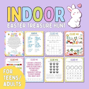 Búsqueda del tesoro de Pascua en interiores para adolescentes y adultos, búsqueda del tesoro con pistas de Pascua y acertijos difíciles, divertida sala de escape de Pascua imprimible