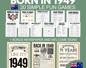 75th Birthday Games Bundle, Born in 1949 Party Games for Him Her, 75th Birthday Activities Men Women, 1949 Australian Newspaper Poster Gift
