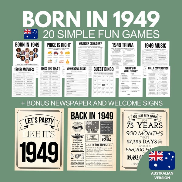 75th Birthday Games Bundle, Born in 1949 Party Games for Him Her, 75th Birthday Activities Men Women, 1949 Australian Newspaper Poster Gift