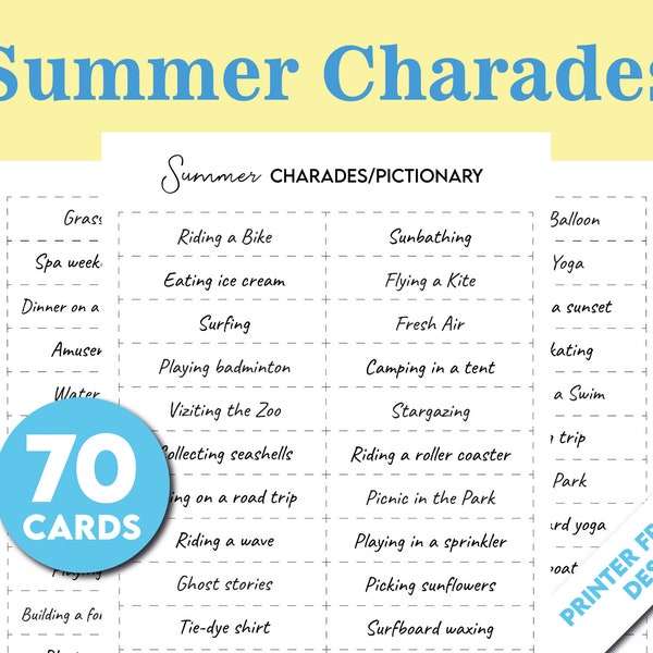 Printable Charades Game, 70 Summer Action Charades Cards, Pictionary, Family Team Game for Kids and Adults, Family Game Night, Group Games
