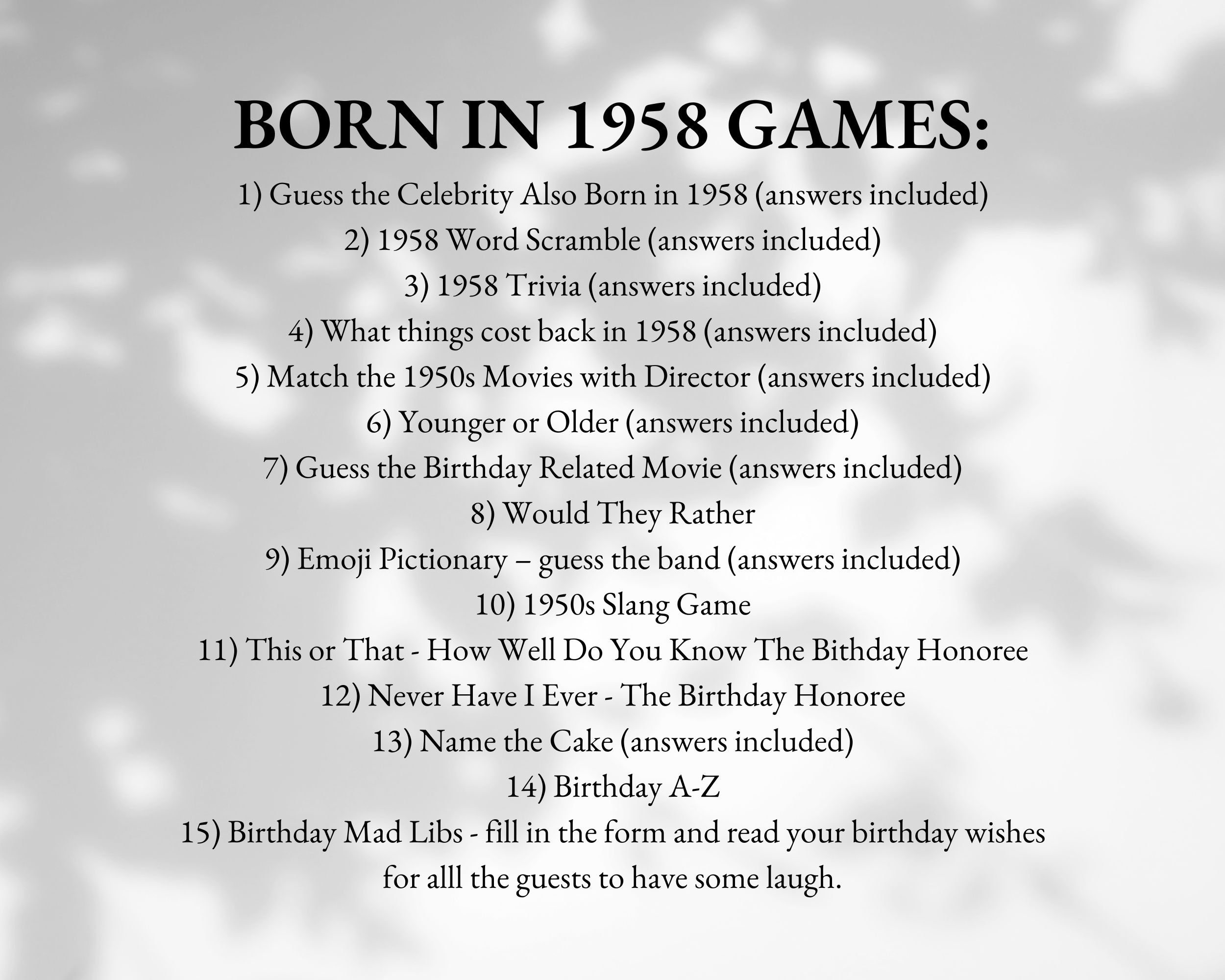 Printable 65th Birthday Party Games Born in 1958 Game Bundle Etsy UK