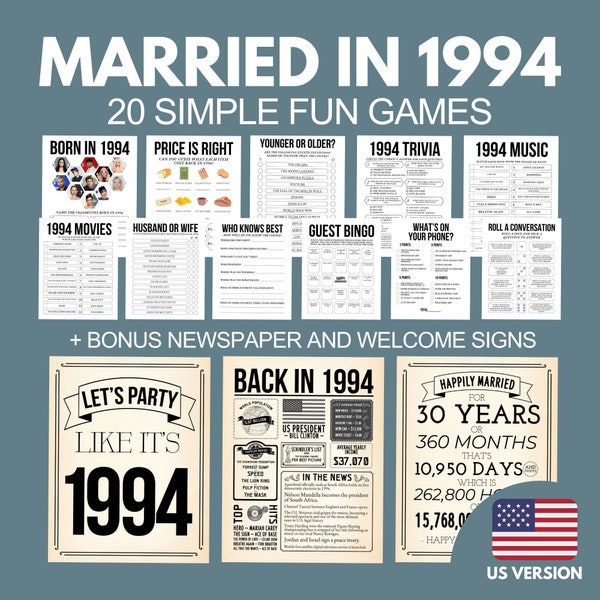 30th Wedding Anniversary Games Bundle, Married in 1994 Party Games, 30th Anniversary Activities for Couple, 1994 Newspaper Poster, 1994 Quiz