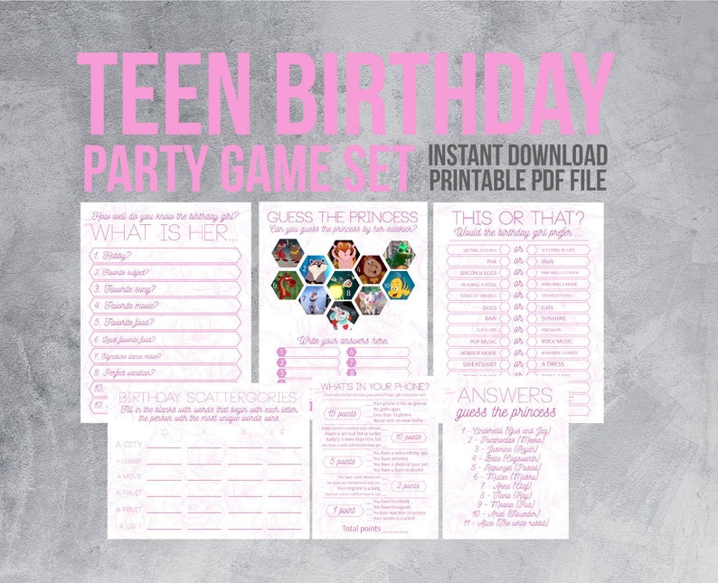 Girl Birthday Party Games Printable Teen Birthday Games Pink | Etsy