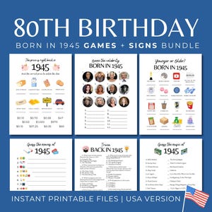 Paquete de juegos para el 80.° cumpleaños, decoraciones para fiestas de 1945, actividades para fiestas de 80.° cumpleaños para hombres y mujeres, letrero de periódico de 1945, trivia de 1945