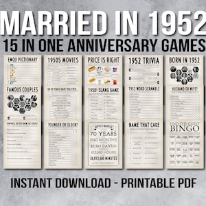 71st Anniversary Games Bundle 1952 Anniversary Game 71st Wedding Anniversary Party Activities Married in 1952 Quiz Trivia Digital PRINTABLE