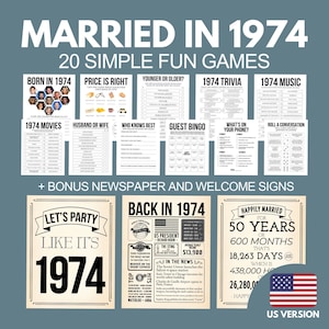 50th Anniversary Games Bundle, Married in 1974 Party Games, 50th Wedding Party Games and Activities, 1974 Newspaper Poster, 1974 Trivia Quiz