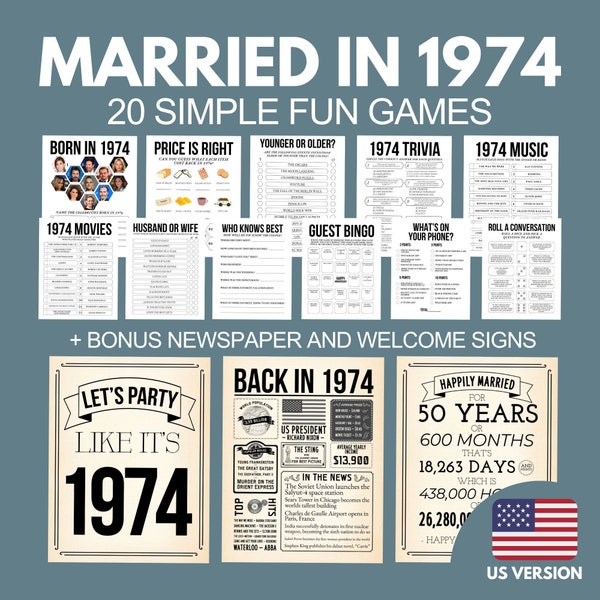50e verjaardag gamesbundel, getrouwd in 1974 feestspellen, 50e bruiloftsfeestspellen en activiteiten, 1974 krantenposter, 1974 Trivia Quiz