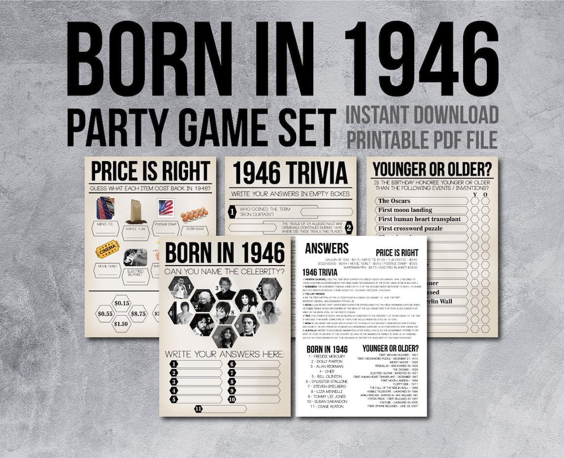 75th Birthday Party Games Born In 1946 75th Birthday Trivia Etsy