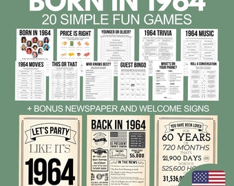 60th Birthday Games Bundle, Born in 1964 Party Games, 60th Birthday Party Activities Man Woman, 1964 Newspaper Poster, Born 1964 Trivia Quiz