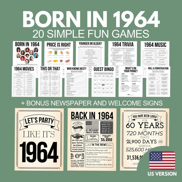60th Birthday Games Bundle, Born in 1964 Party Games, 60th Birthday Party Activities Man Woman, 1964 Newspaper Poster, Born 1964 Trivia Quiz