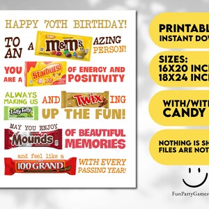 Getting Older Candy Bar Sign, Printable 70th Birthday Candygram Poster ...