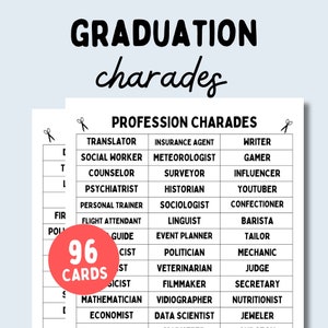 Jeu de charades à imprimer, 96 cartes de charades professions, Pictionary, Jeu d'équipe pour la remise des diplômes, Félicitations pour un diplômé, Diplôme universitaire