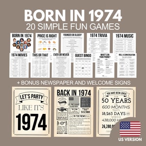 50th Birthday Games Bundle, Born in 1974 Party Games for Him Her, 50th Birthday Party Activities Men Women, 1974 Printable Newspaper Poster