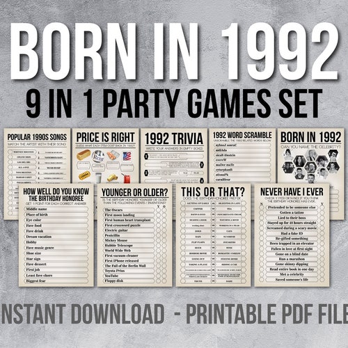 30th birthday party games printable born in 1992 games etsy