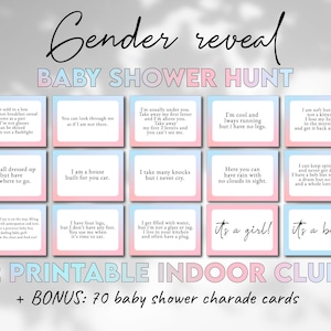 Pistas para la búsqueda del tesoro de revelación de género en interiores, tarjetas de pistas minimalistas para la búsqueda del tesoro de revelación de género en baby shower, charadas de Pictionary para baby shower