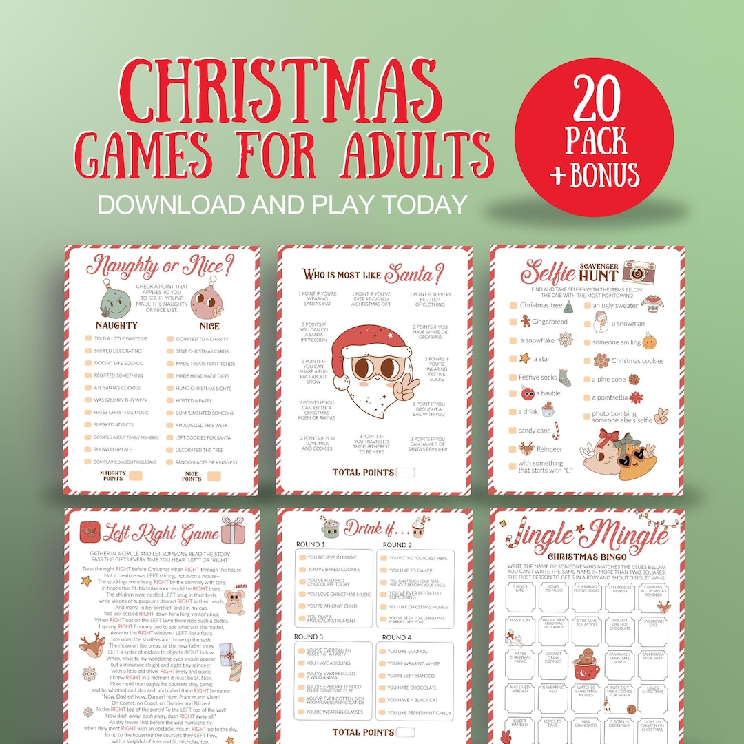 20 Fun Christmas Games for Adults, Holiday Office Party Game Bundle, Christmas Trivia, Pass the
