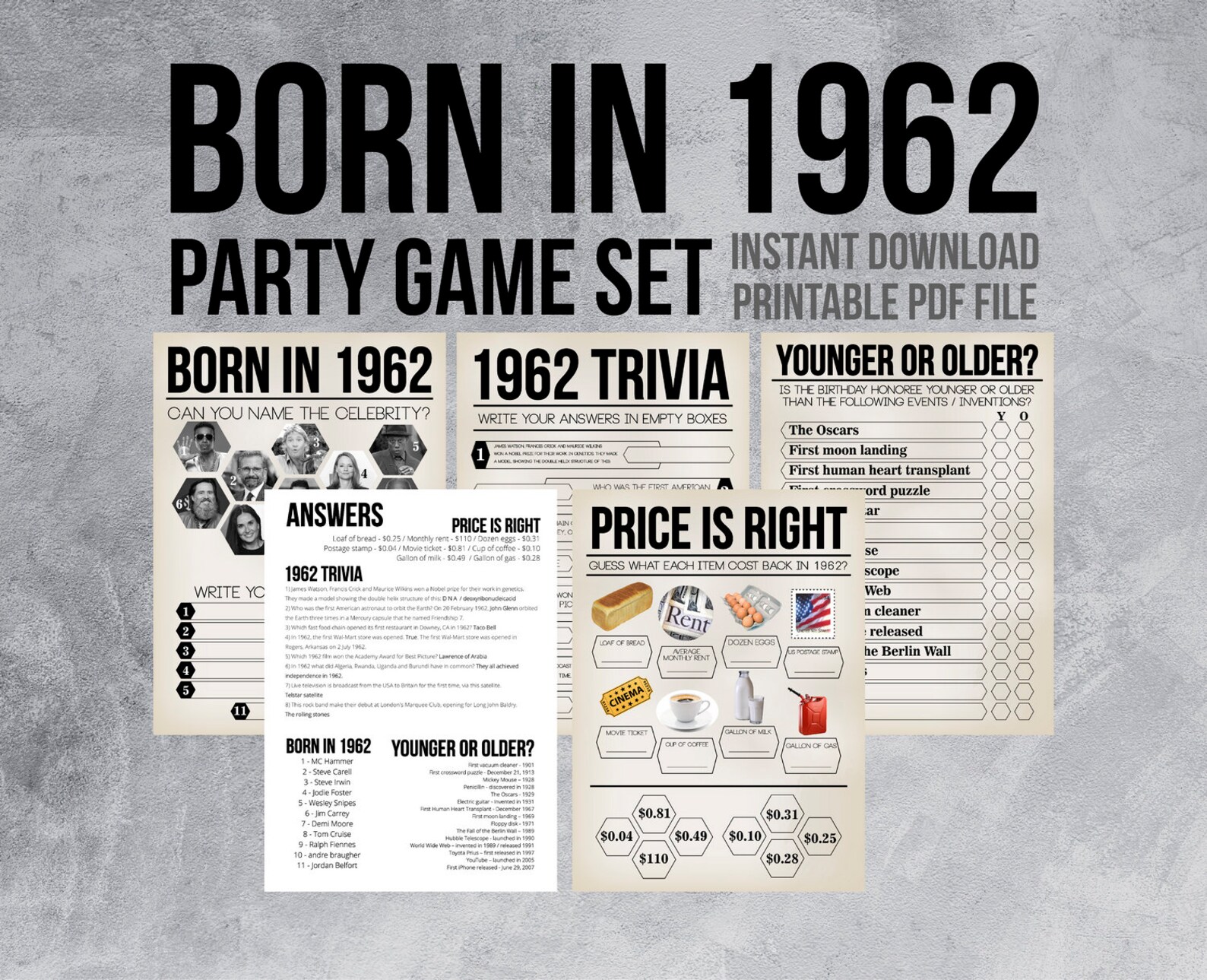 Born in 1962 60th Birthday Party Games 1962 Trivia Games | Etsy