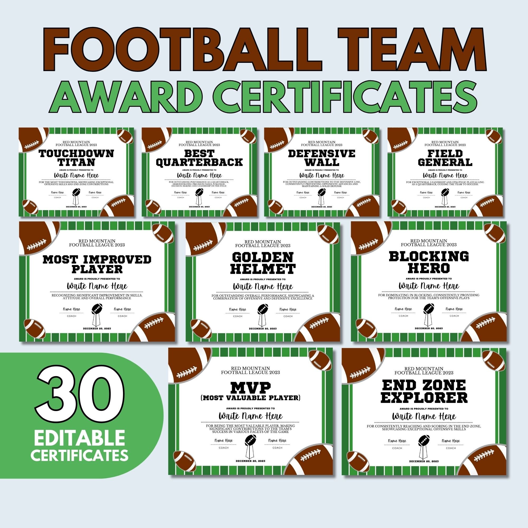 Football Team Award Certificates Editable in Canva, End of Season Football Award Ceremony Certificates, Football Participation Gifts Party