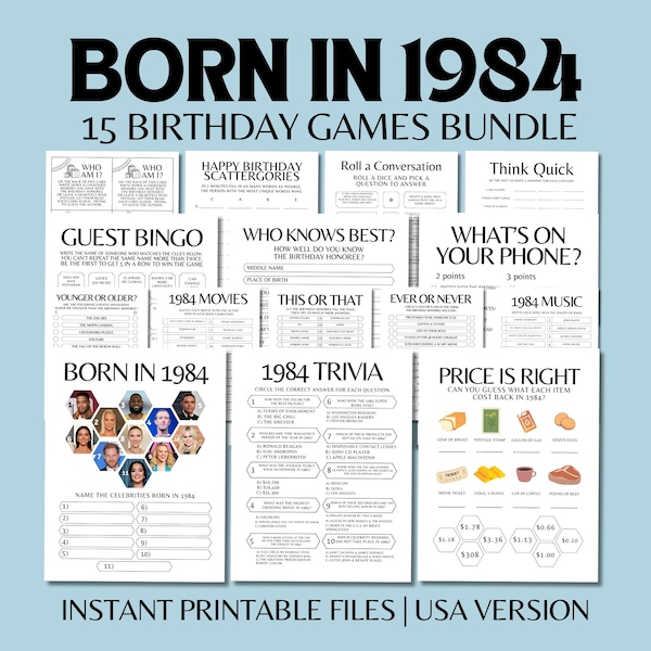 40th Birthday Party Games, Born in 1984 Trivia, Fun Printable 80s Party Games for Adults, Birthday Activity Bundle for Men and Women