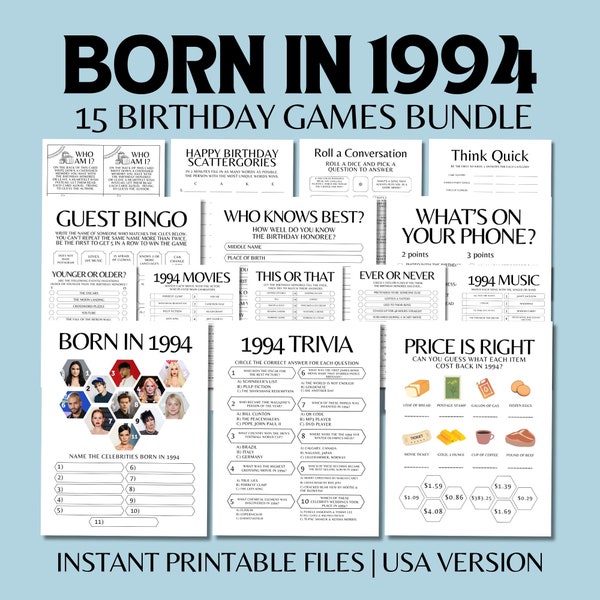 30th Birthday Party Games, Born in 1994 Trivia, Fun Printable 90s Party Games for Adults, Birthday Activity Bundle for Men and Women