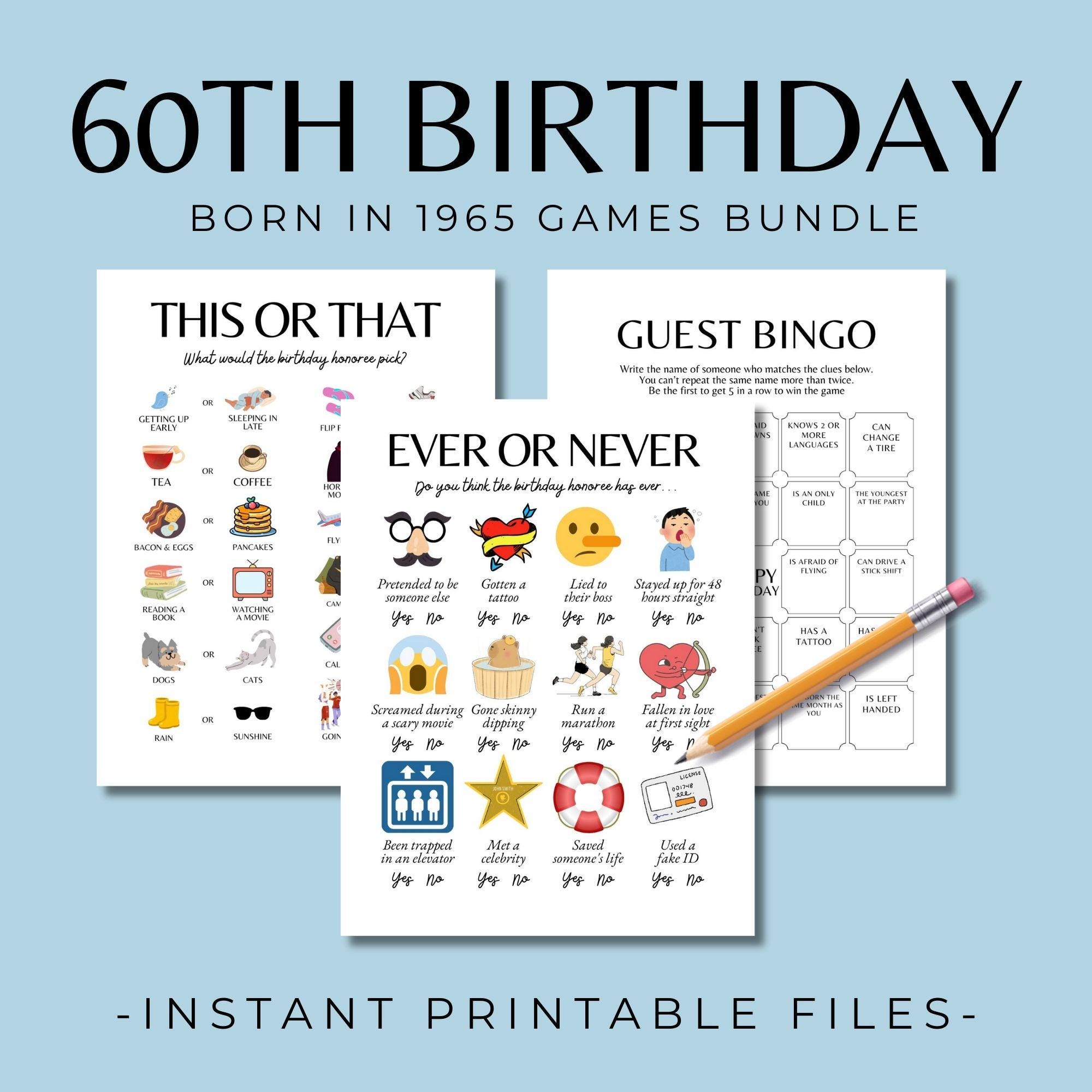 60th Birthday Games + Welcome Signs Bundle, Born in 1965, Fun Birthday Party Activities and Posters, Printable 1965 British Newspaper Poster - Etsy for 60th Birthday Games Free Printable