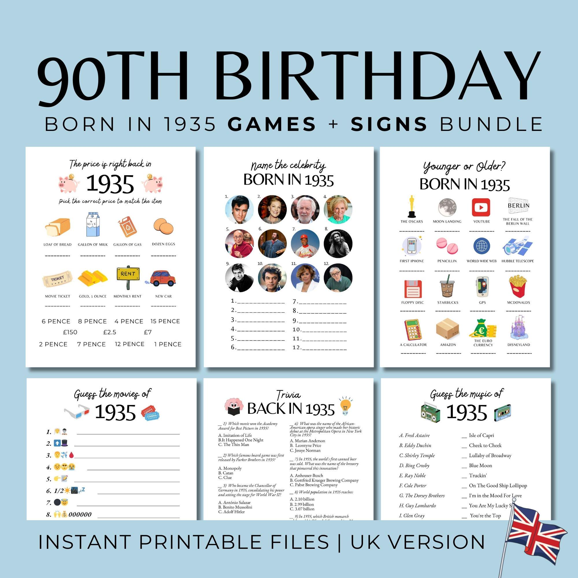 90th Birthday Party Games Bundle, Born in 1935 Trivia, 90th Birthday Party Activities Men Women, UK 1935 Newspaper Poster, Born 1935 Quiz - Etsy for Free Printable 90th Birthday Games