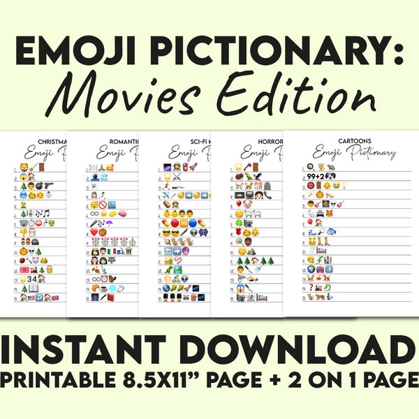 Movies Emoji Pictionary Game Bundle, Printable Emoji Pictionary Game, Sci-Fi, Horror, Romcom, Christmas, Cartoons Emoji Pictionary Games PDF