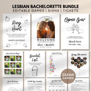Clean Lesbian Bachelorette Games Bundle Editable in Canva, Clean Two Brides Bridal Shower Bundle, Fun Couples Shower Games, Signs, Tickets