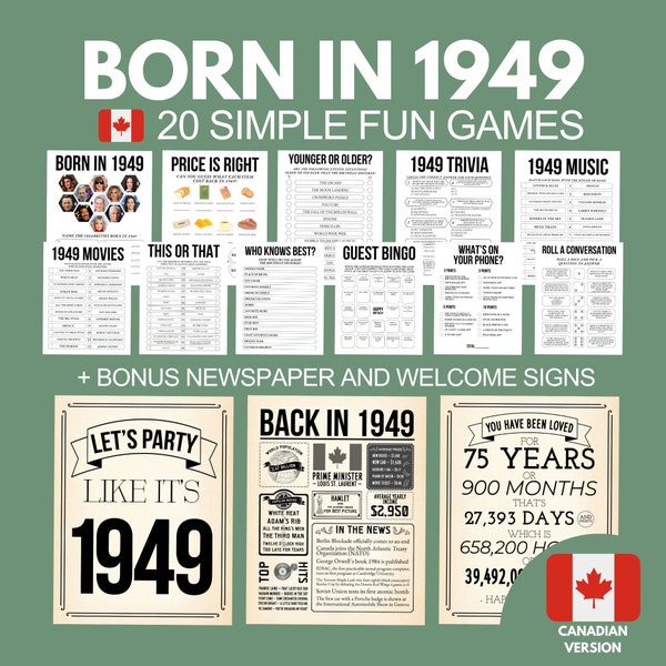 75th Birthday Games Bundle, Born in 1949 Party Games for Him Her, 75th Birthday Activities Men Women, 1949 Canadian Newspaper Poster Gift