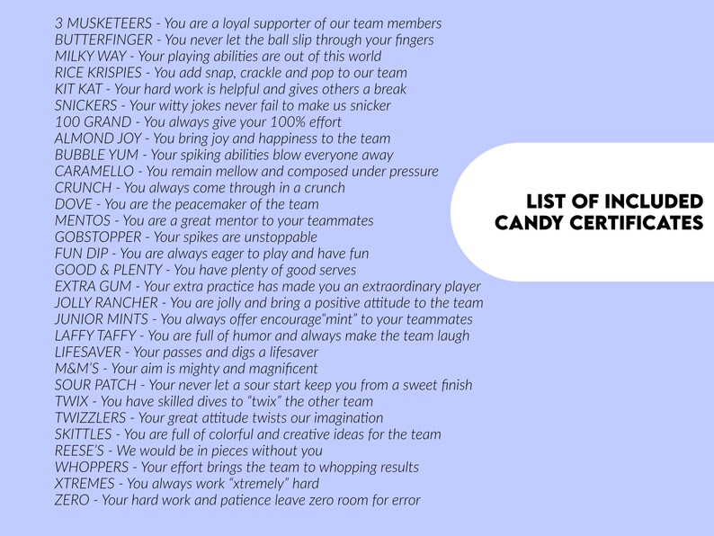 30 Volleyball Candy Bar Awards Printable Team Participation Etsy