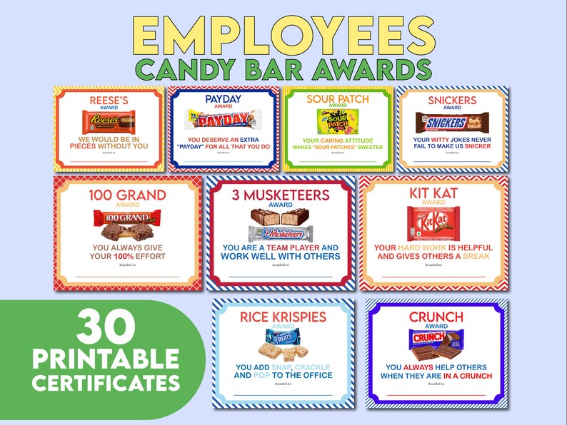 30 Employee Candy Bar Award Certificates Coworker Candy Bar Etsy