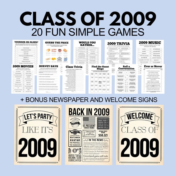 15th Class Reunion Games Bundle, Class of 2009 Fun Ice Breaker Games for Your High School Reunion Party, Bingo, Find The Guest, Class Trivia