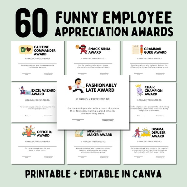 Prix d'appréciation des employés drôles - 60 certificats de reconnaissance du personnel imprimables, cadeau amusant pour les employés et les collègues, étiquettes cadeaux pour les collègues