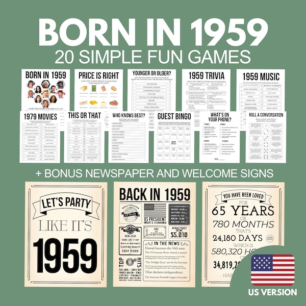 Ensemble de jeux du 65e anniversaire, né en 1959, jeux de fête pour lui et elle, activités de fête du 65e anniversaire pour hommes et femmes, affiche de journal imprimable de 1959