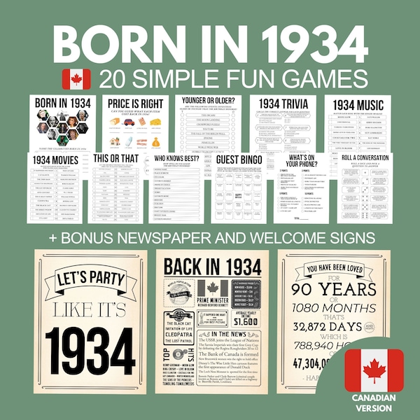 90th Birthday Party Games Bundle, Born in 1934 Trivia, 90th Birthday Party Activities Men Women, Canadian 1934 Newspaper Poster, 1934 Canada
