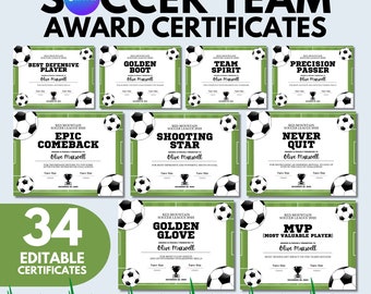 Certificados de Premios de Fútbol Editables en Canva, Certificados de Ceremonia de Premiación de Fiestas de Equipos de Fútbol de Fin de Temporada, Regalos de Premios de Participación en Fútbol