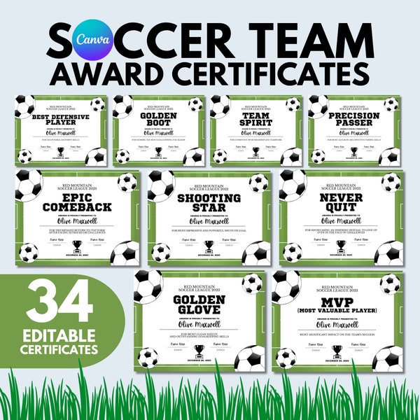 Football Award Certificates Editable in Canva, End of Season Soccer Team Party Award Ceremony Certificates, Soccer Participation Award Gifts
