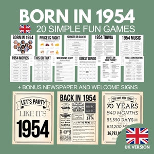 70th Birthday Party Games Bundle, Born in 1954 Party Gamesfor Men Women, 70th Birthday Decor, British 1954 Newspaper Poster, 1954 Trivia