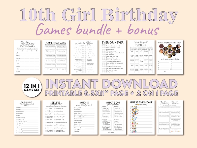 Birthday Games Preteen Girl Birthday Party Games for Her 10th Etsy