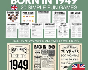 75th Birthday Games Bundle, Born in 1949 Party Games for Him Her, Birthday Party Activities Men Women, 1949 Printable Newspaper Poster UK